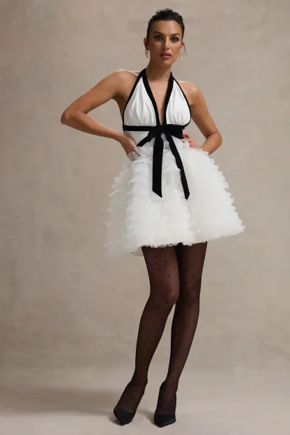 Black & White Plunge-Neck Mini Dress With Tulle Skirt
