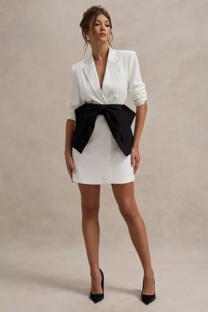 White Tailored Blazer Dress With Black Bow