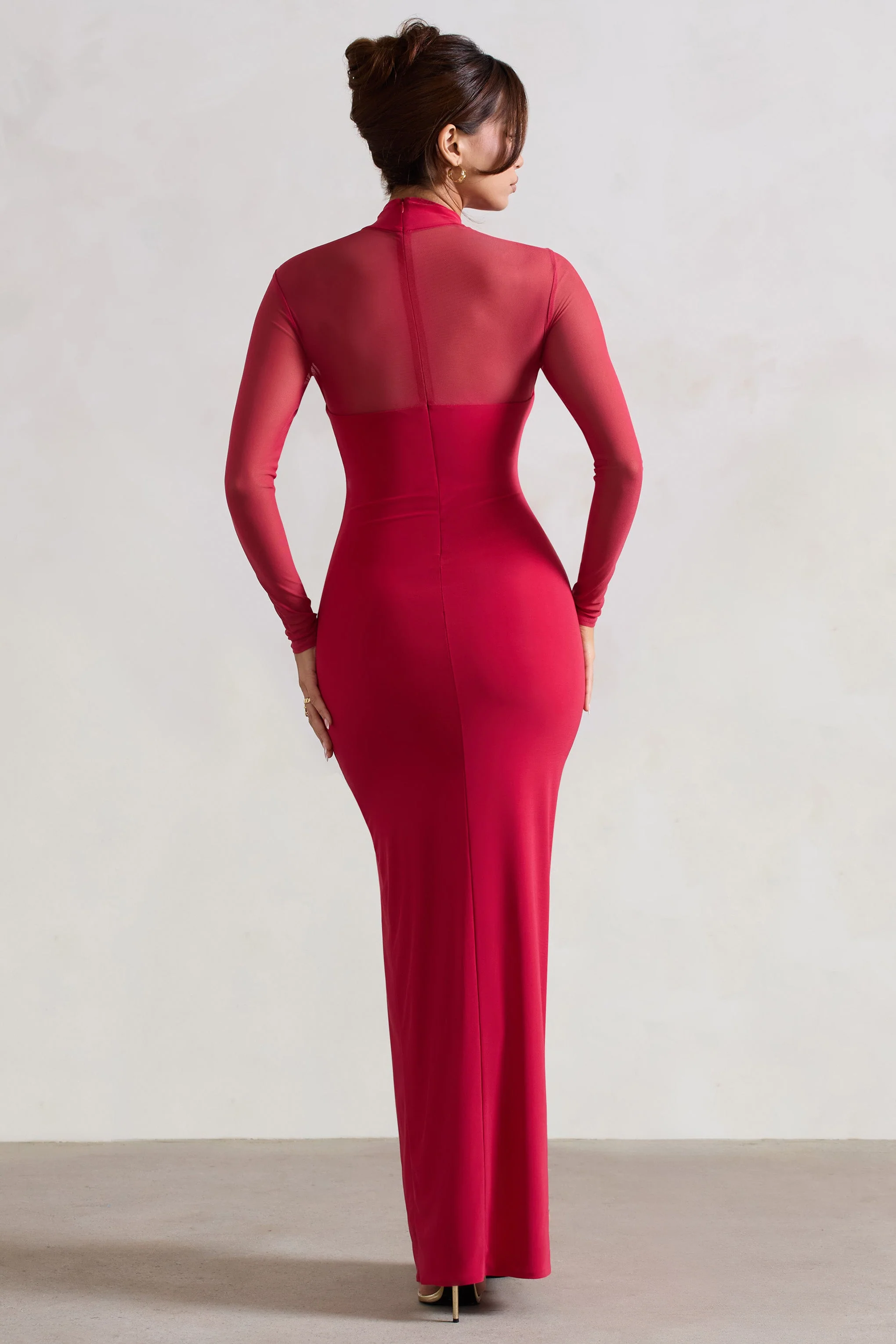 Red High-Neck Split Maxi Dress With Mesh Sleeves