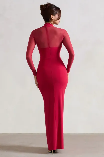 Red High-Neck Split Maxi Dress With Mesh Sleeves