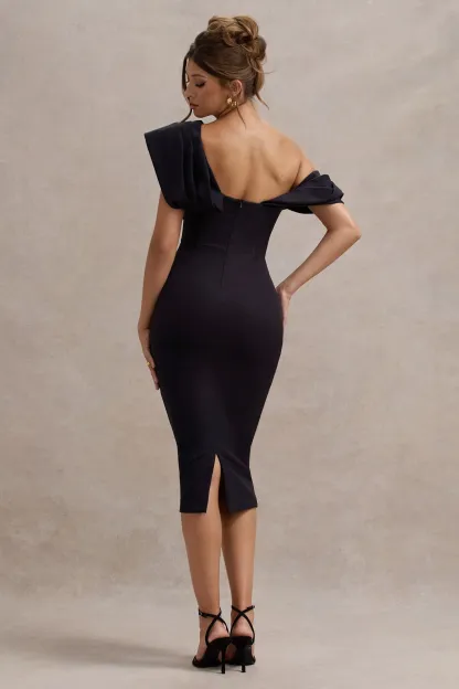 Navy Draped One Shoulder Midi Dress