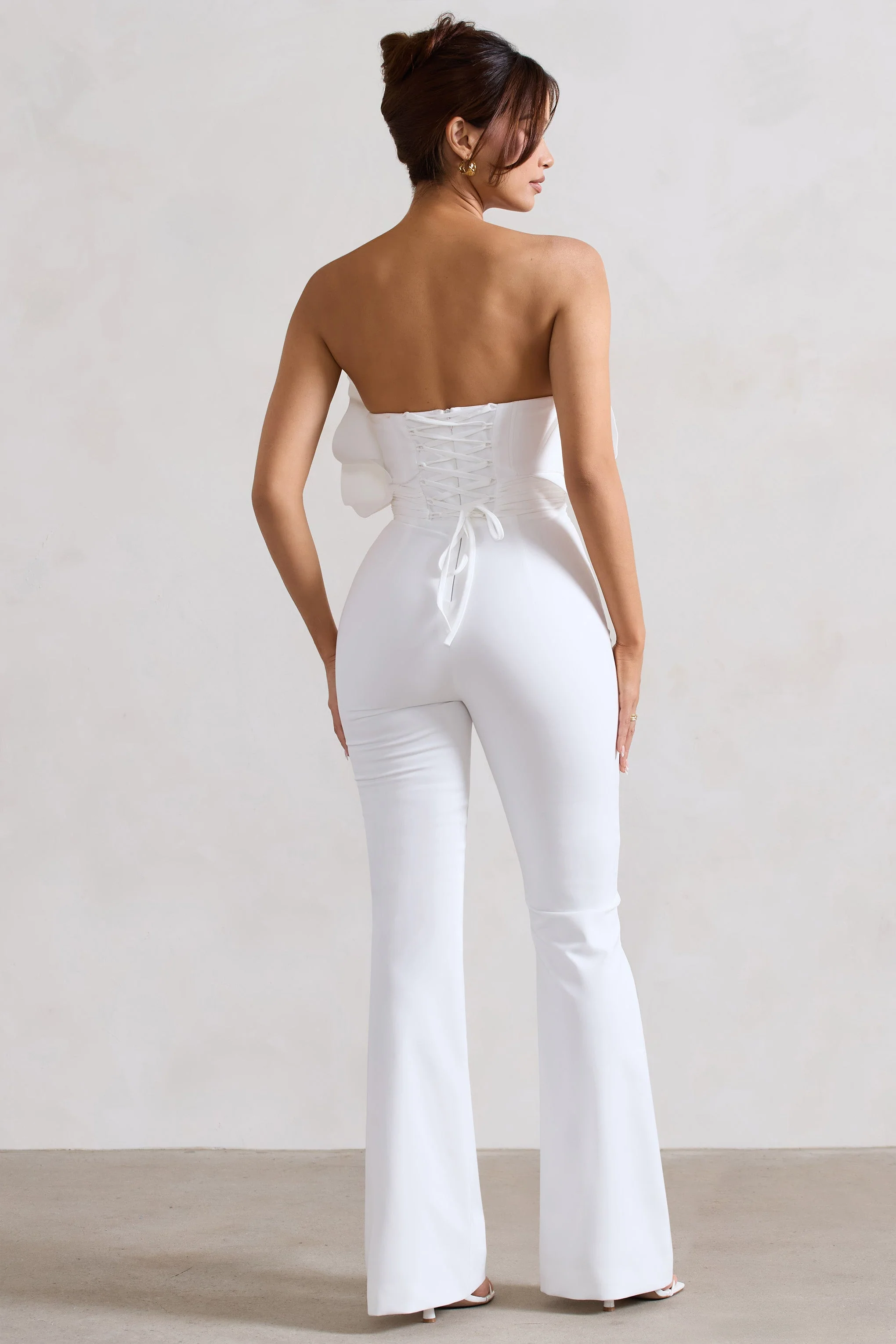 White Ruffled Strapless Flared-Leg Jumpsuit