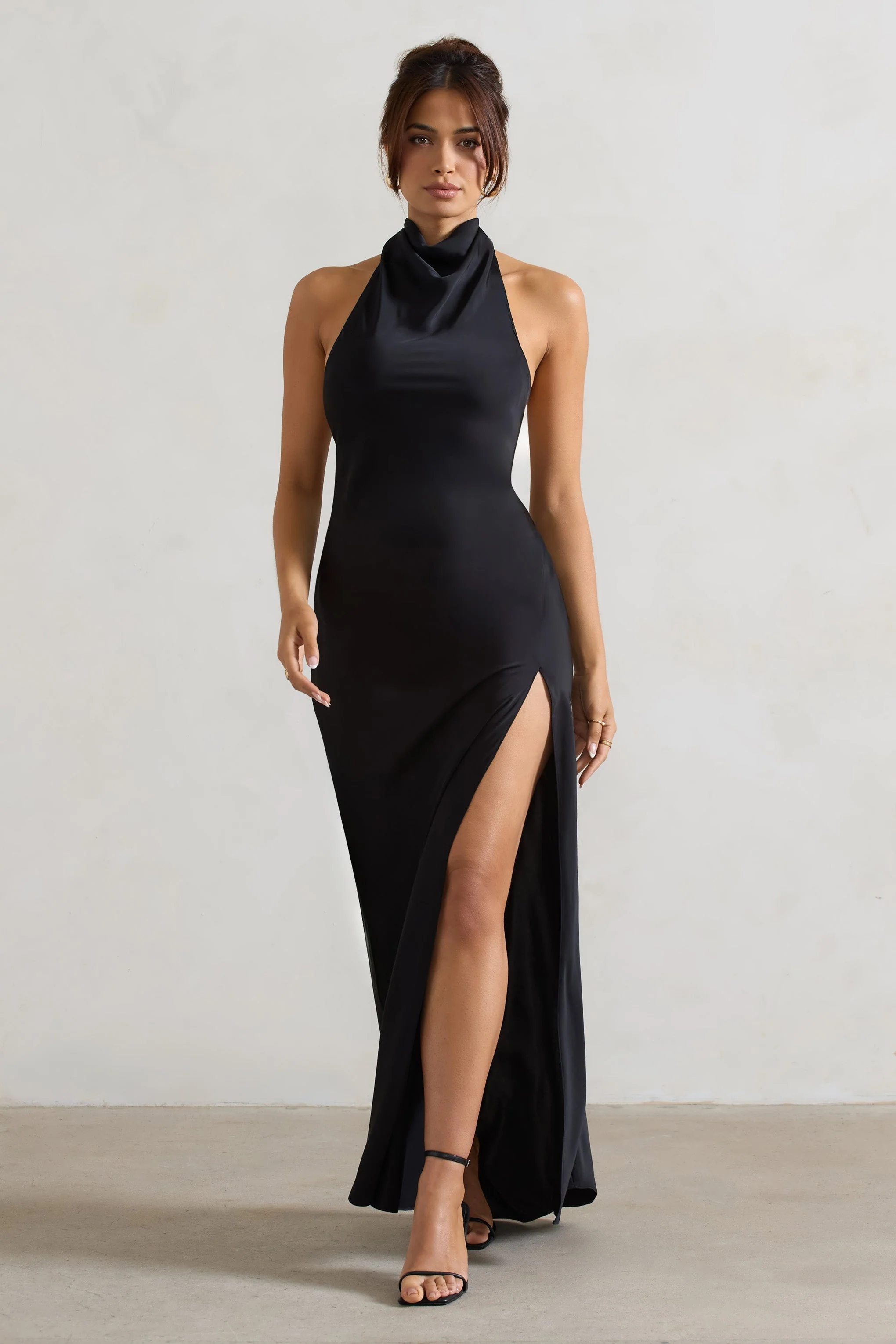 Black Cowl Halter-Neck Open Back Maxi Dress