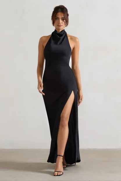 Black Cowl Halter-Neck Open Back Maxi Dress
