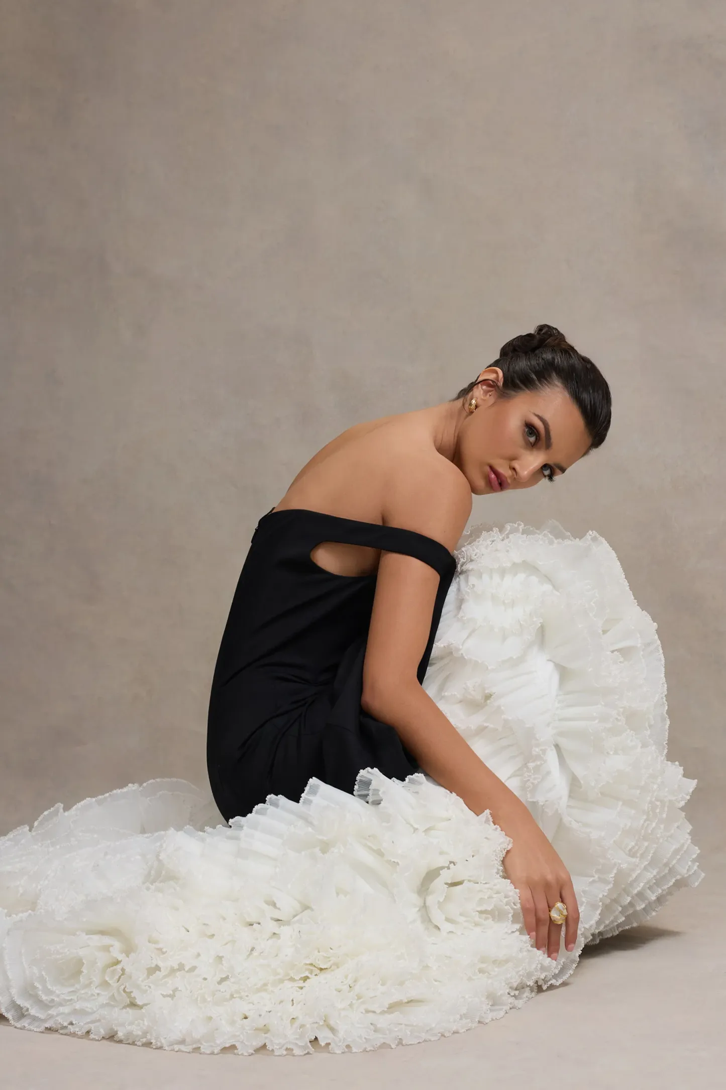 Black & Cream Bardot Maxi Dress With Tulle Skirt