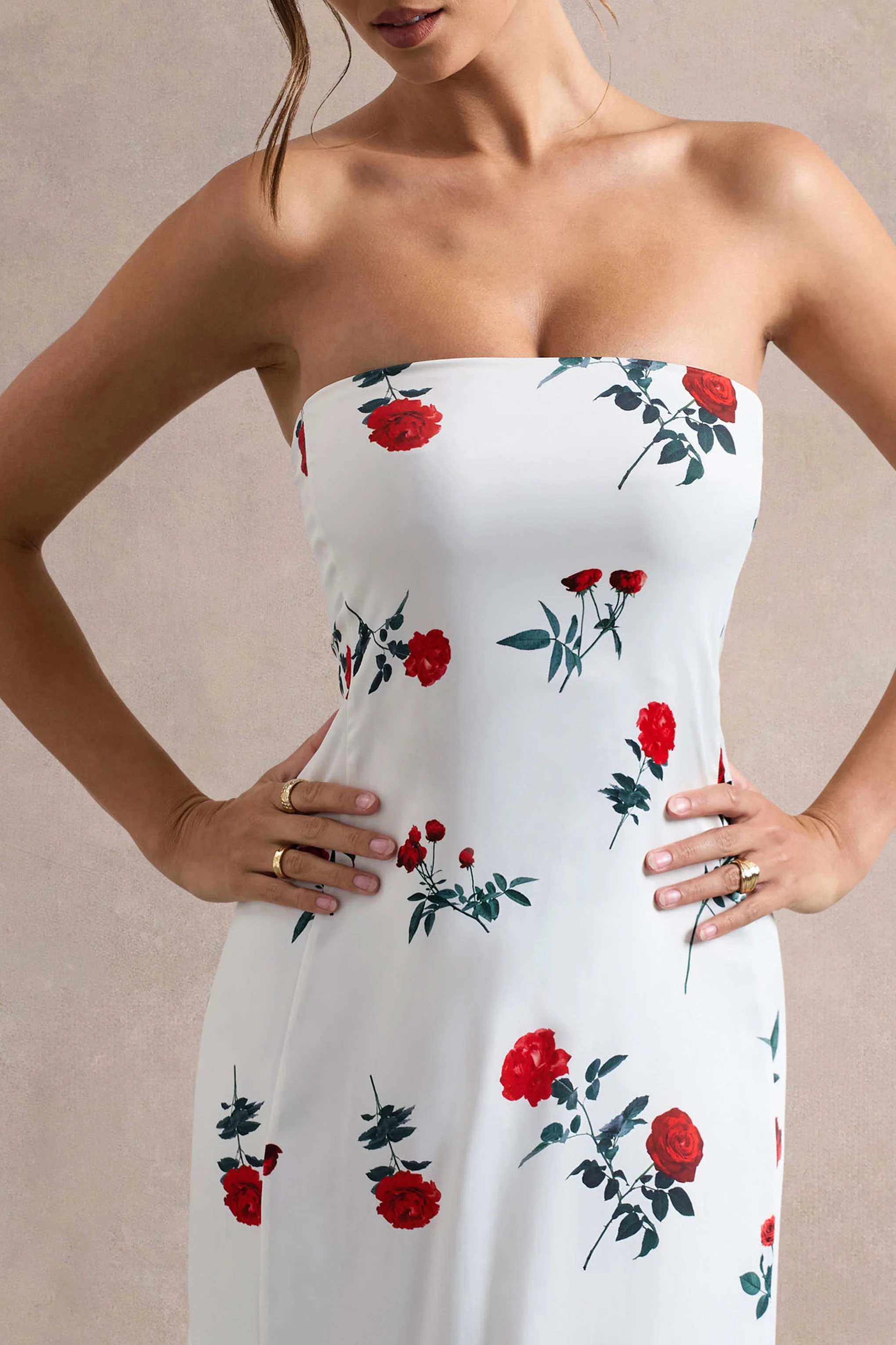 Rose Print Satin Bandeau Maxi Dress