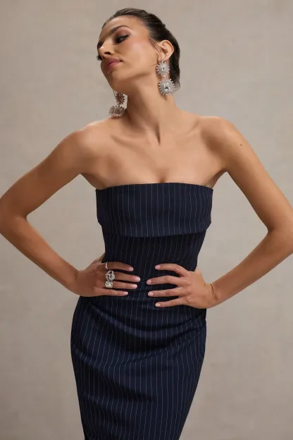 Navy Pinstripe Strapless Midi Dress