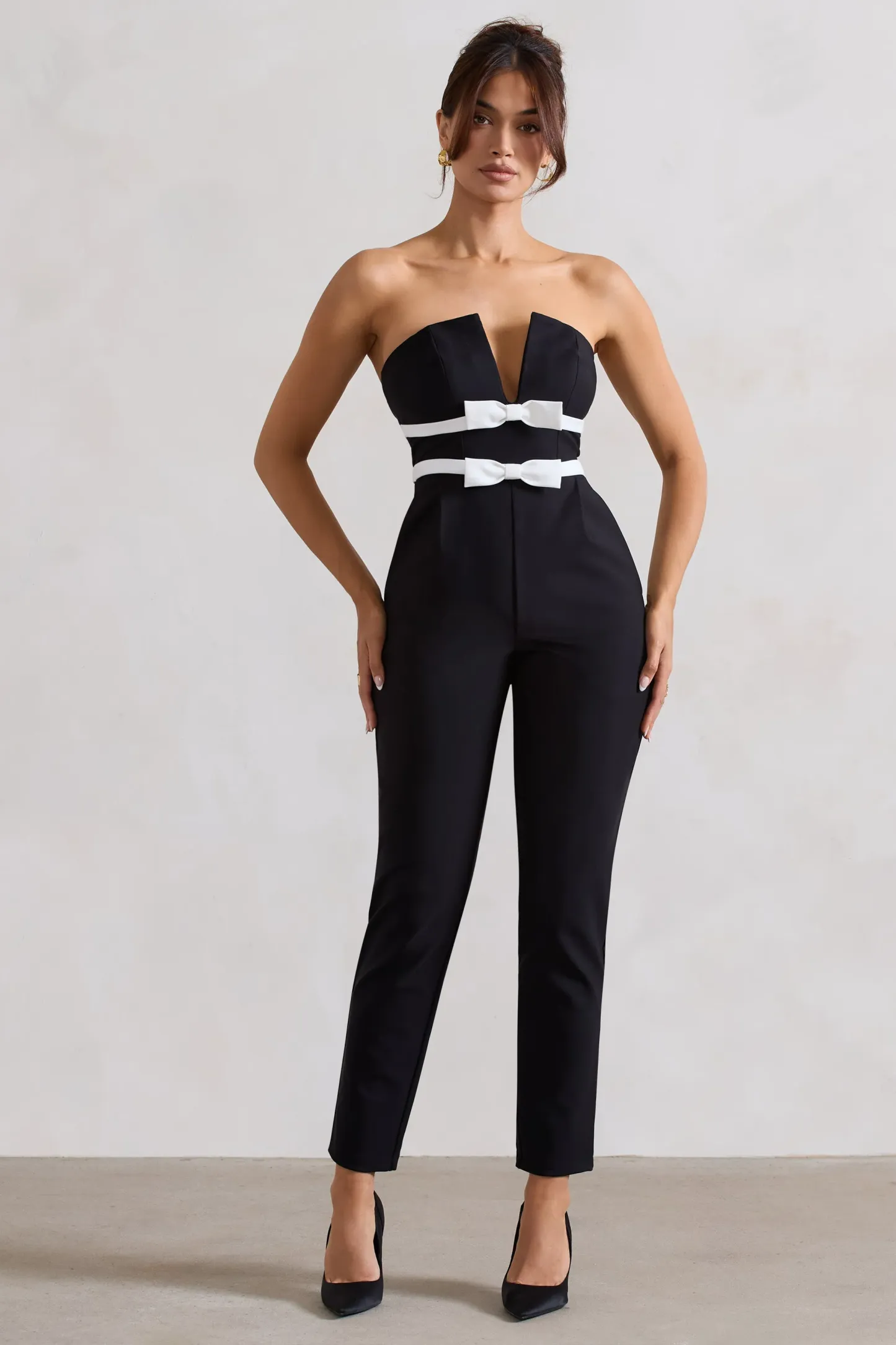 Black Strapless Tailored Straight-Leg Jumpsuit With Bows