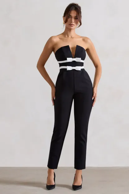 Black Strapless Tailored Straight-Leg Jumpsuit With Bows