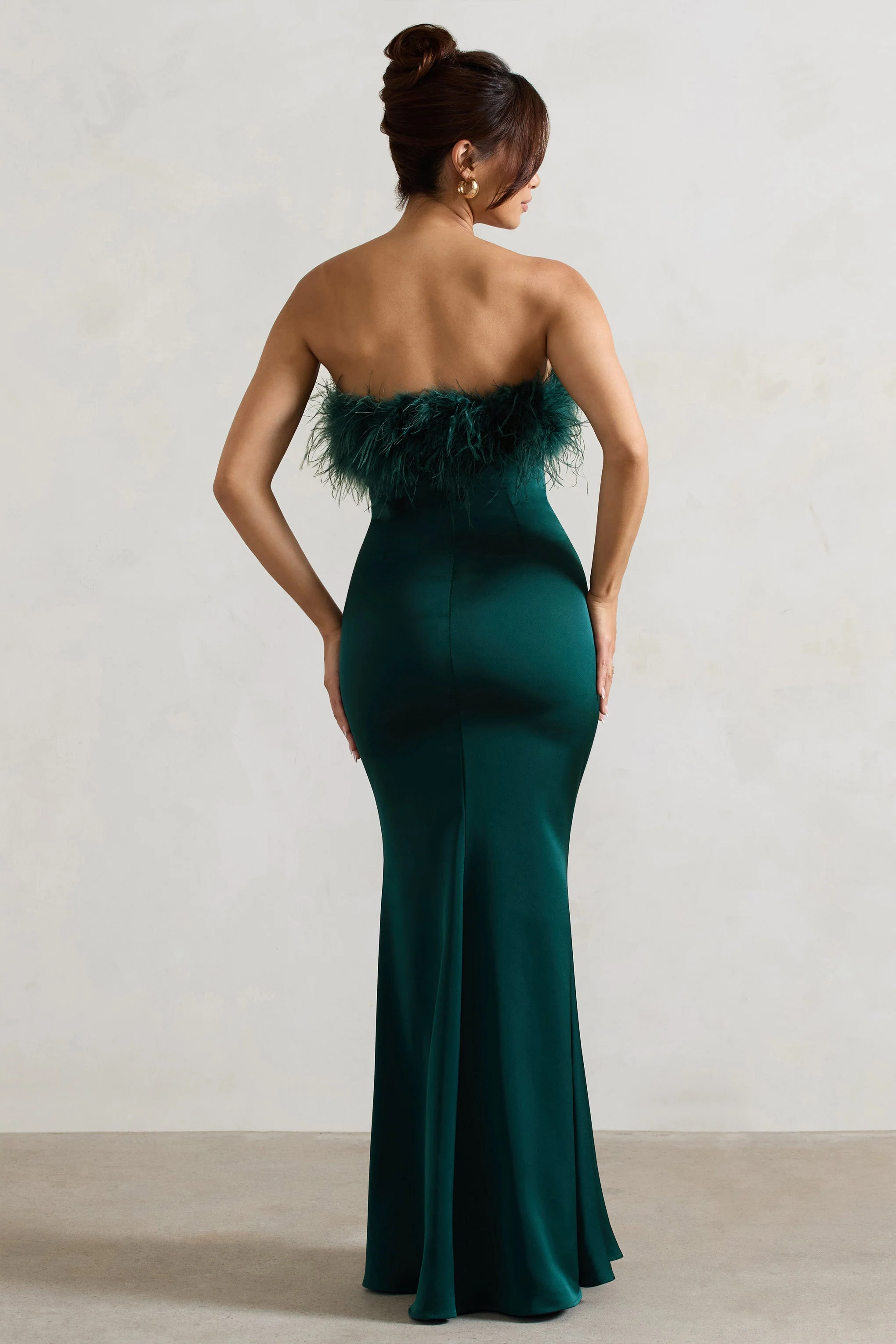 Bottle Green Satin Feather Trim Bandeau Maxi Dress