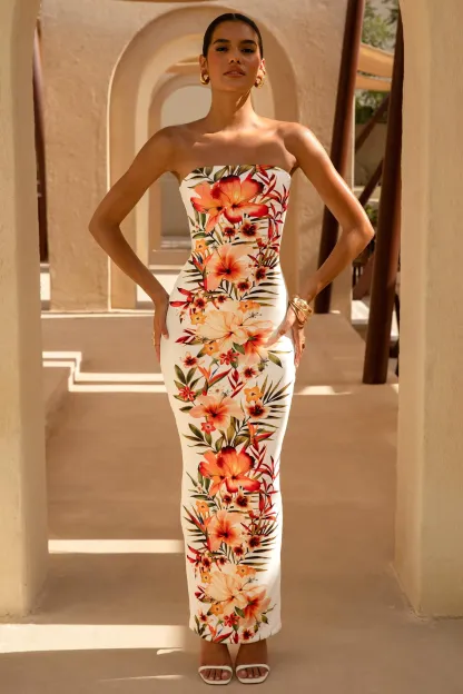 White Floral Print Bandeau Maxi Dress