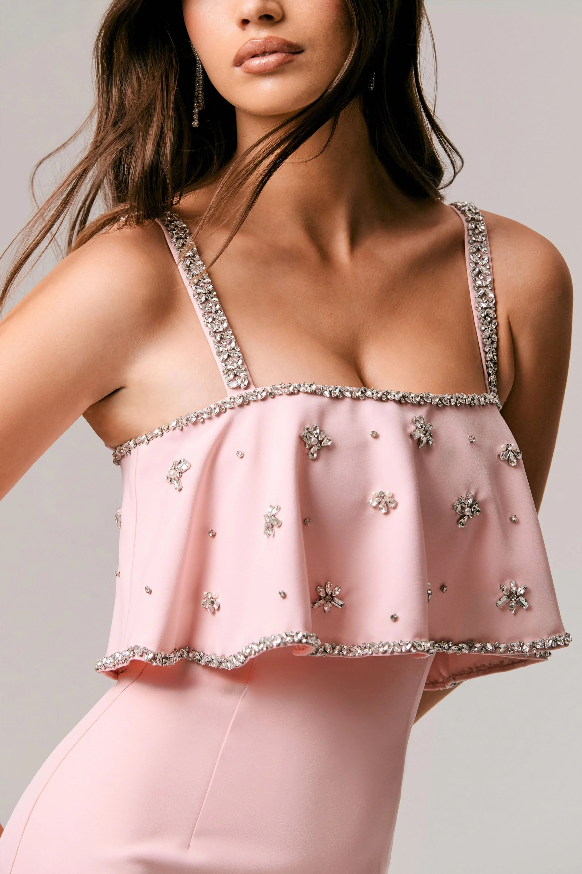Pale Pink Square-Neck Embellished Maxi Dress