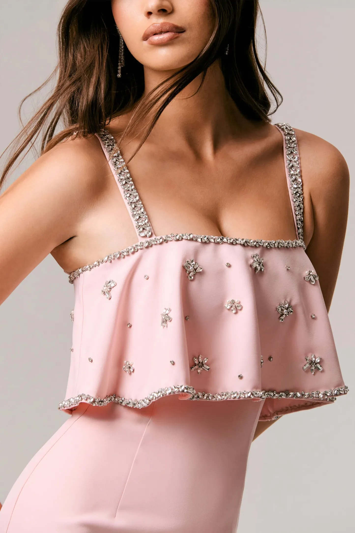 Pale Pink Square-Neck Embellished Maxi Dress