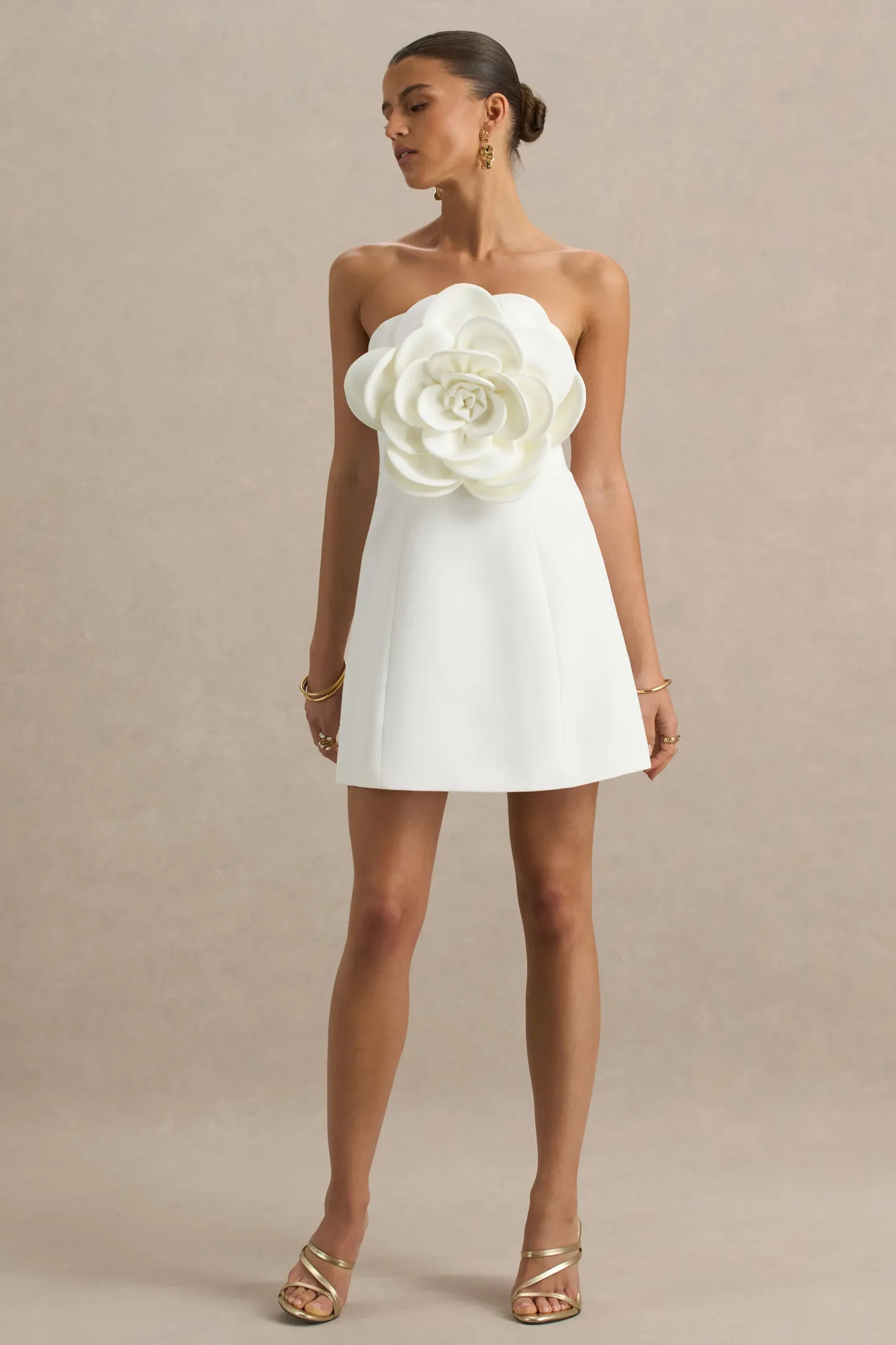 White Bandeau Mini Dress With Large Floral Corsage