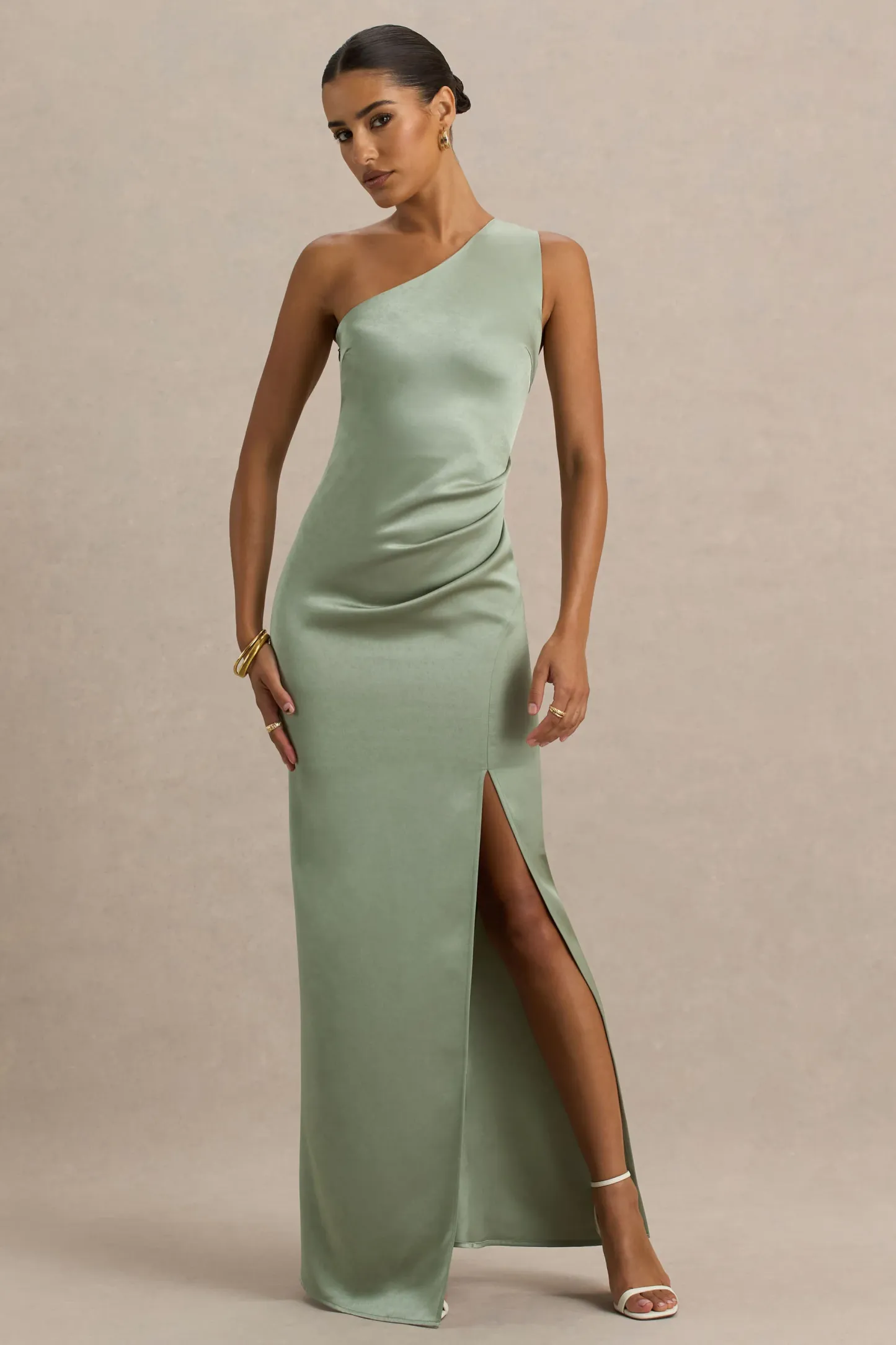 Sage Asymmetric Neckline High-Split Maxi Dress