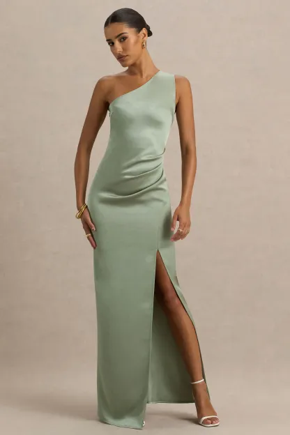 Sage Asymmetric Neckline High-Split Maxi Dress