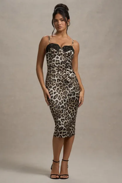 Leopard Print Satin Sweetheart Lace Trim Midi Dress