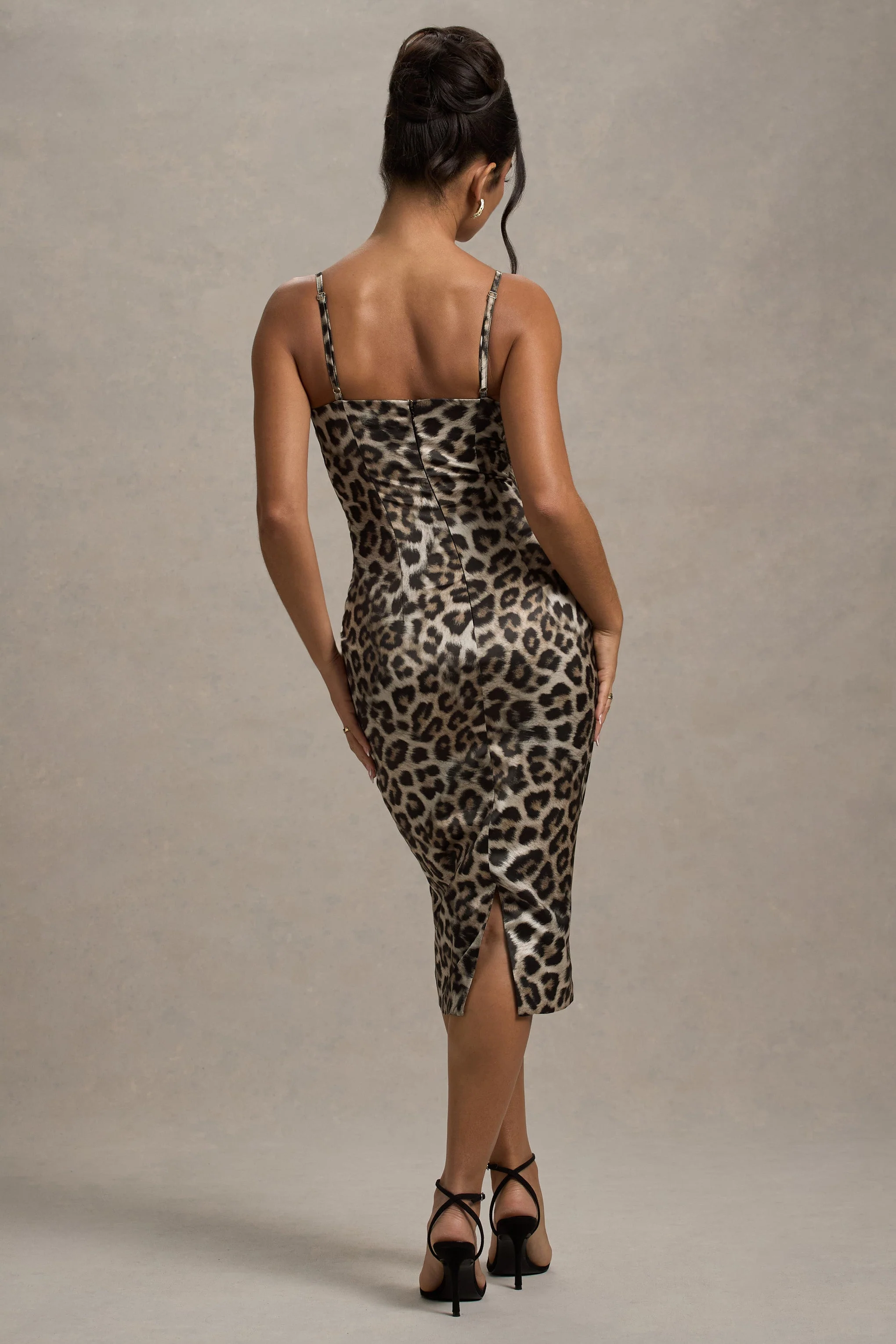 Leopard Print Satin Sweetheart Lace Trim Midi Dress