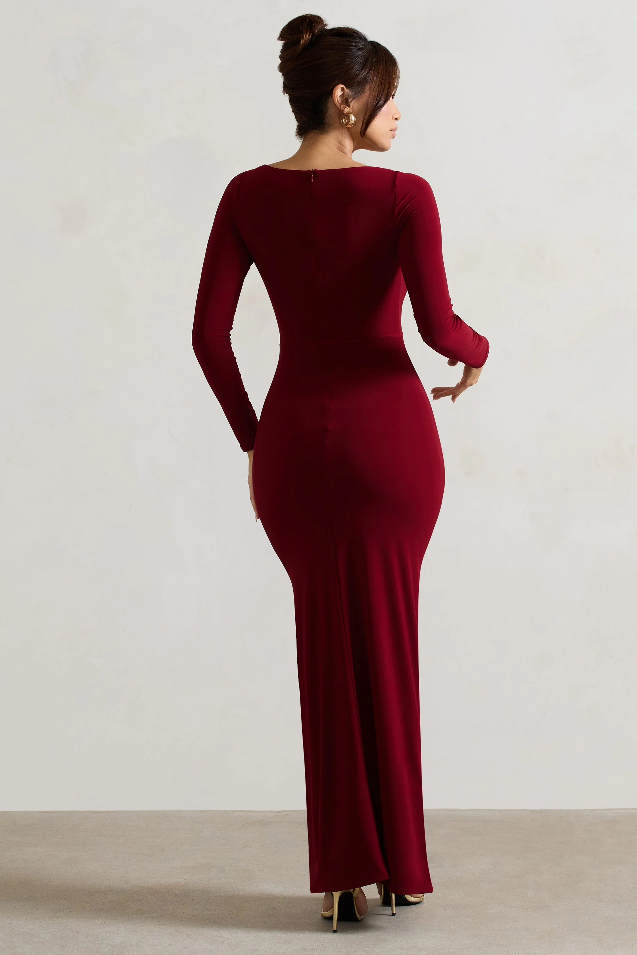 Berry Long-Sleeve Wrap Maxi Dress With Corsages