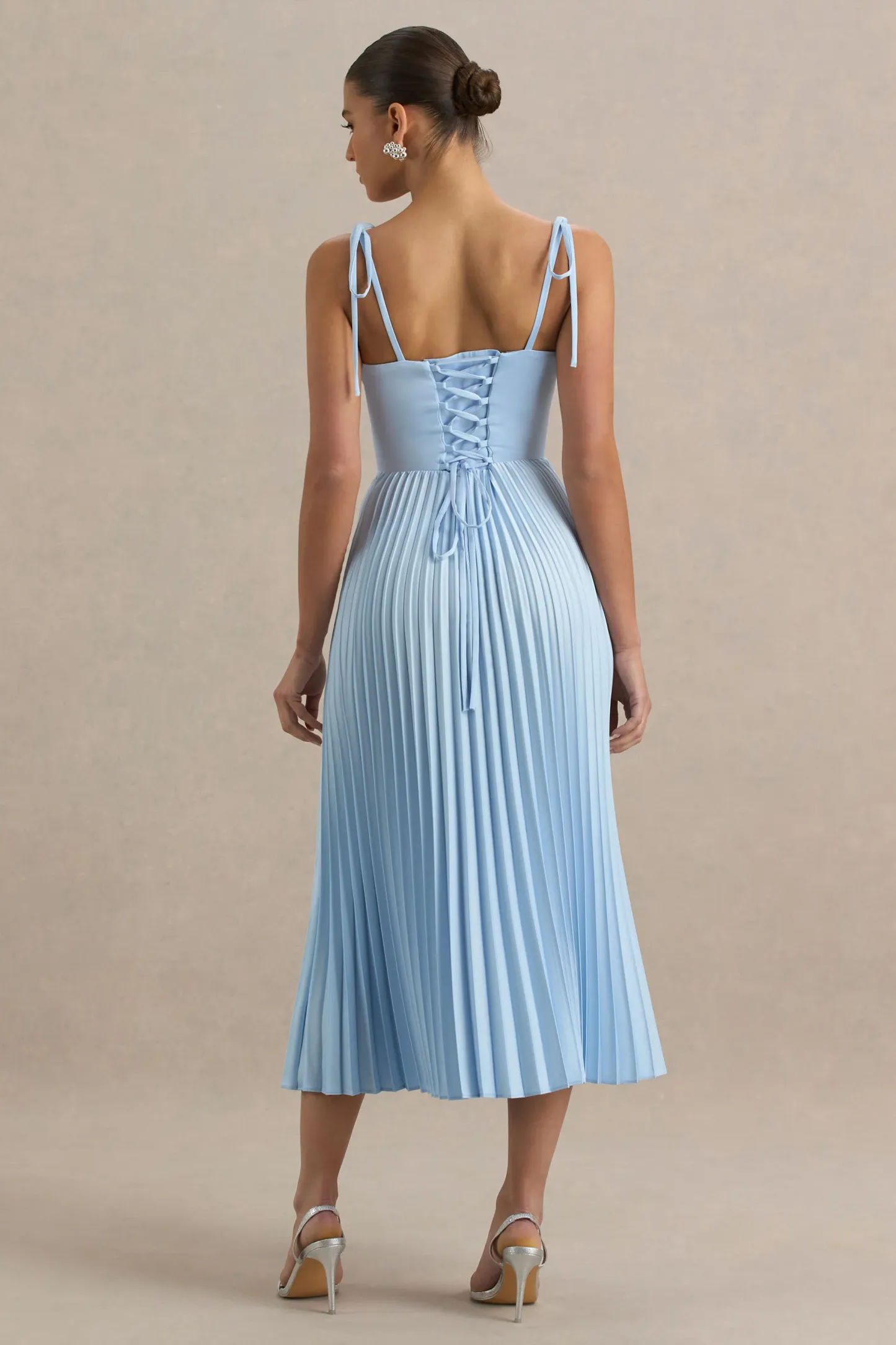 Powder Blue Satin Sweetheart-Neck Midi Dress With Pleated Details