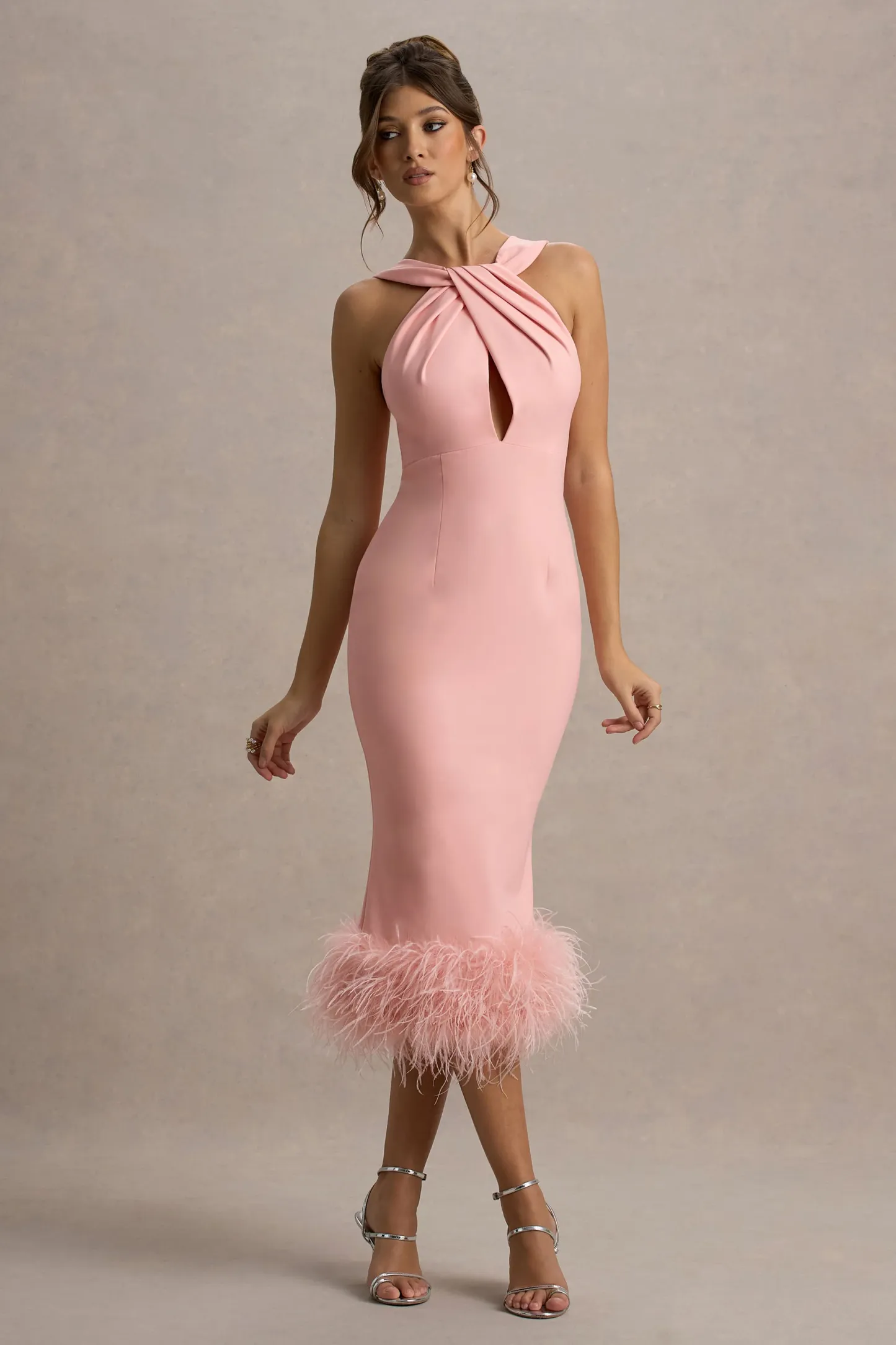Pink Twist-Neck Feather Hem Midi Dress