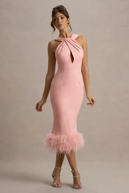 Pink Twist-Neck Feather Hem Midi Dress