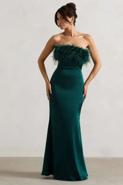 Bottle Green Satin Feather Trim Bandeau Maxi Dress