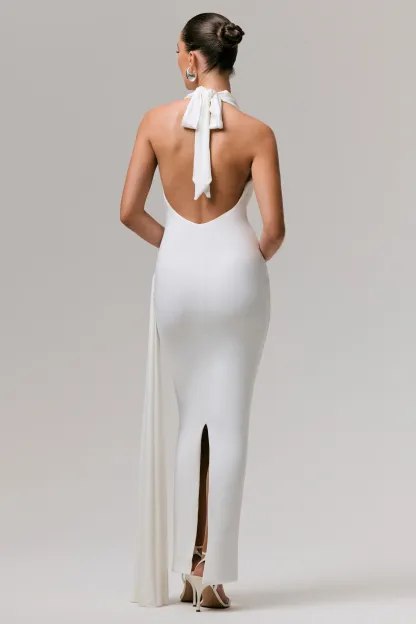 White Plunge-Neck Ruched Maxi Dress With Sash