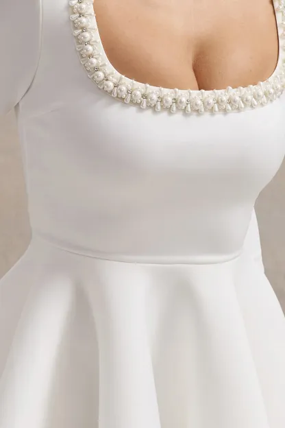 White Square-Neck Long-Sleeve Skater Mini Dress