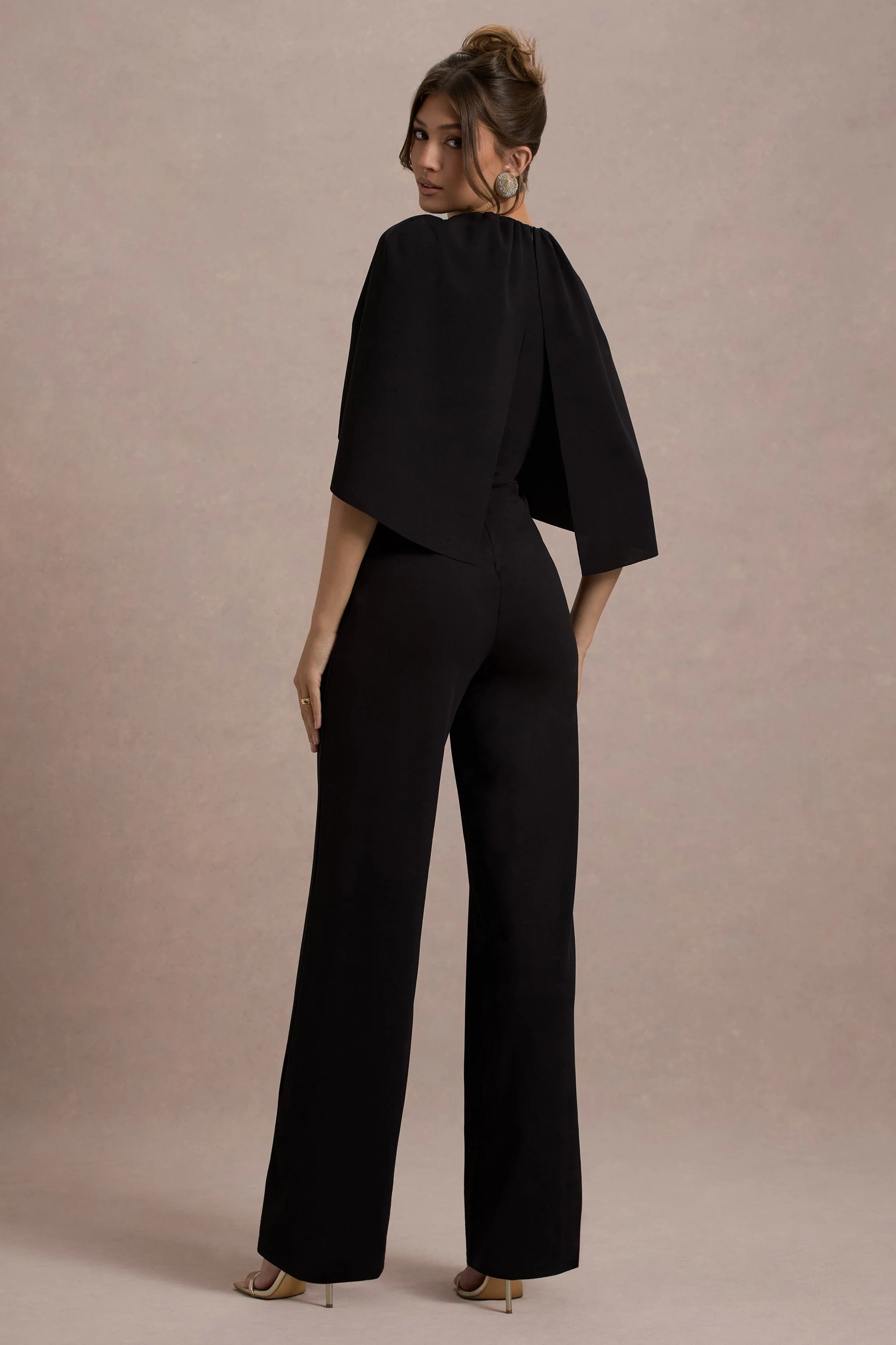 Black Cape-Sleeve Straight-Leg Jumpsuit
