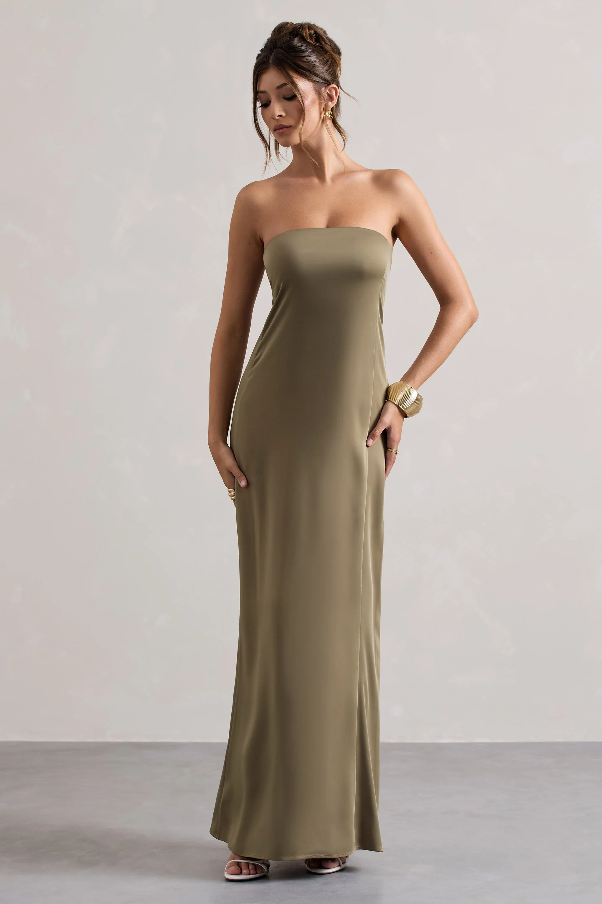 Olive Satin Bandeau Maxi Dress
