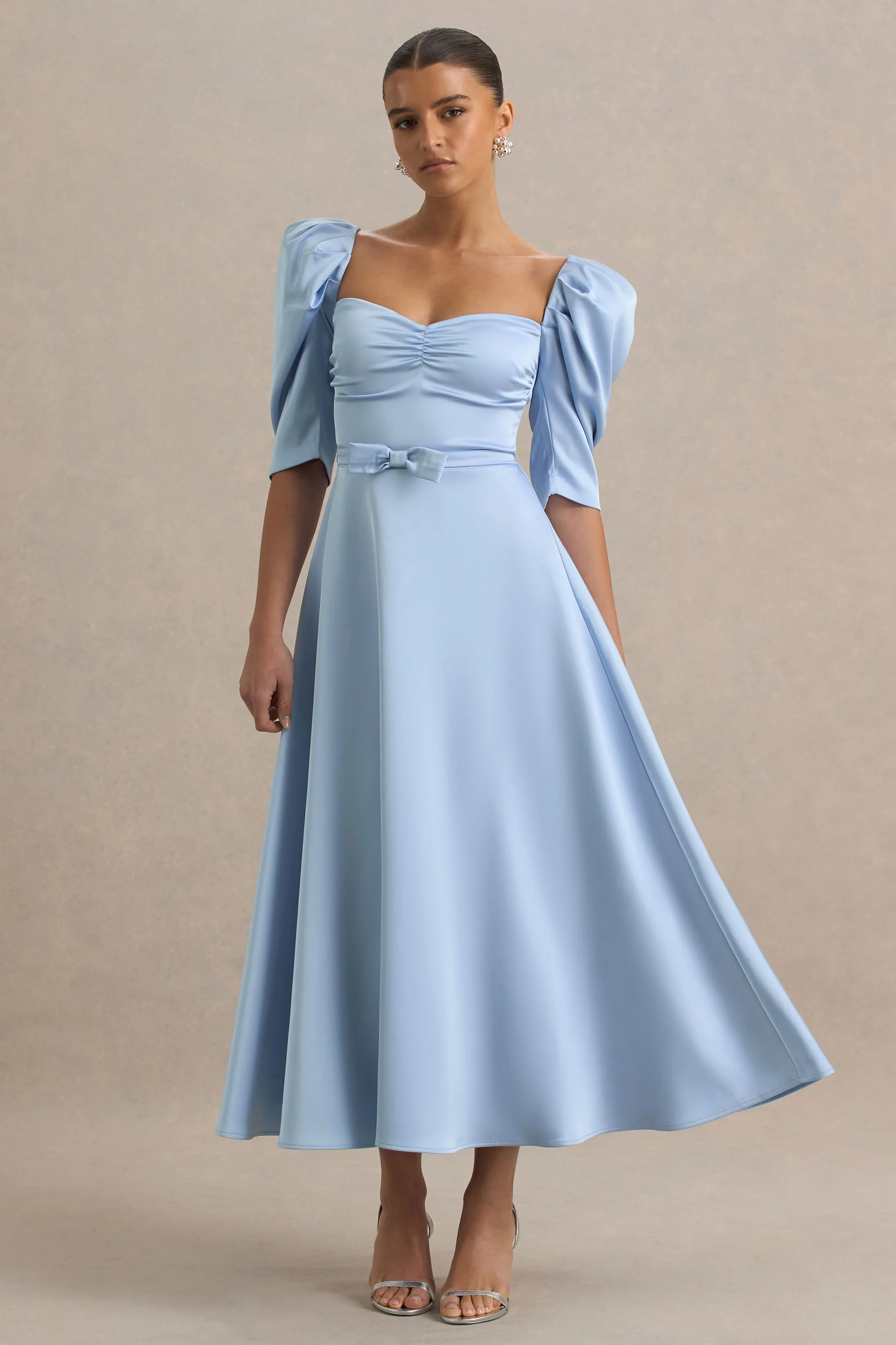 Powder Blue Satin Sweetheart Midi Dress