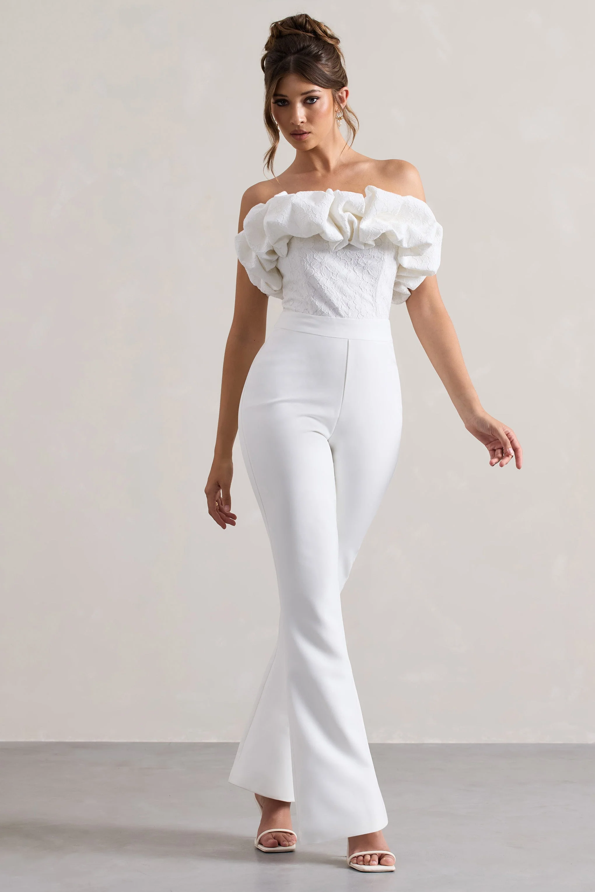 White Strapless Ruffled Flared-Leg Jumpsuit