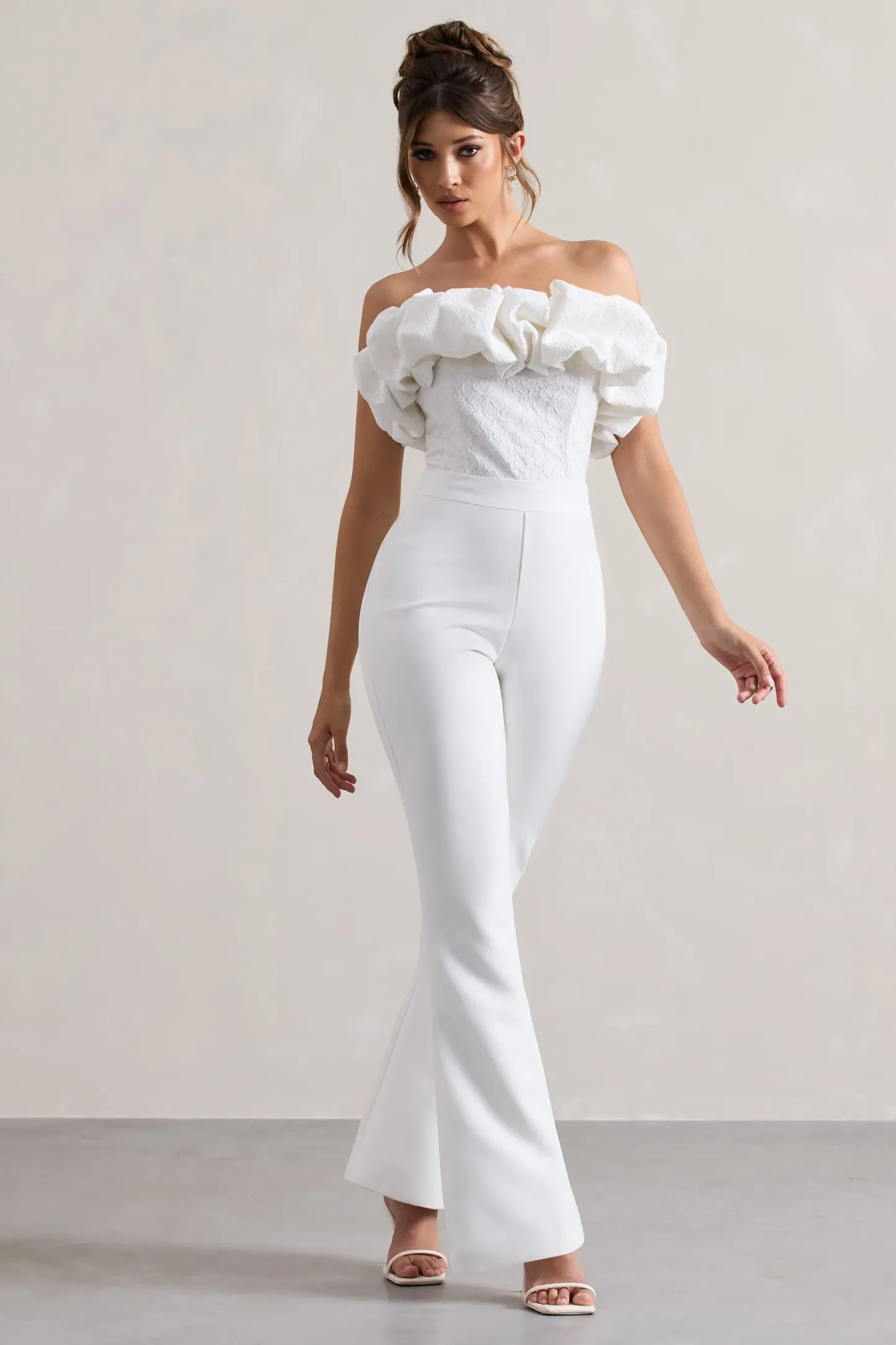 White Strapless Ruffled Flared-Leg Jumpsuit