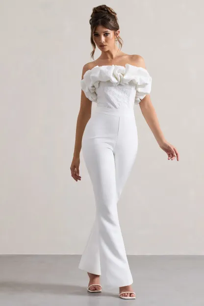 White Strapless Ruffled Flared-Leg Jumpsuit