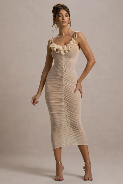 Cream Mesh Ruched Midi Dress With Ruffles