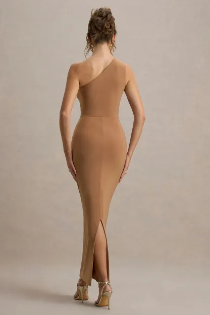 Brown One-Shoulder Gathered Maxi Dress