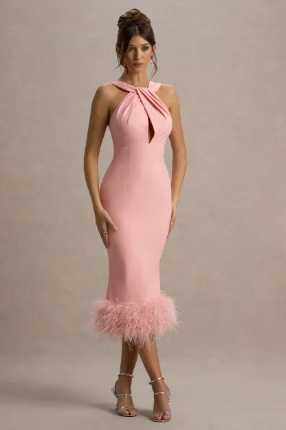 Pink Twist-Neck Feather Hem Midi Dress