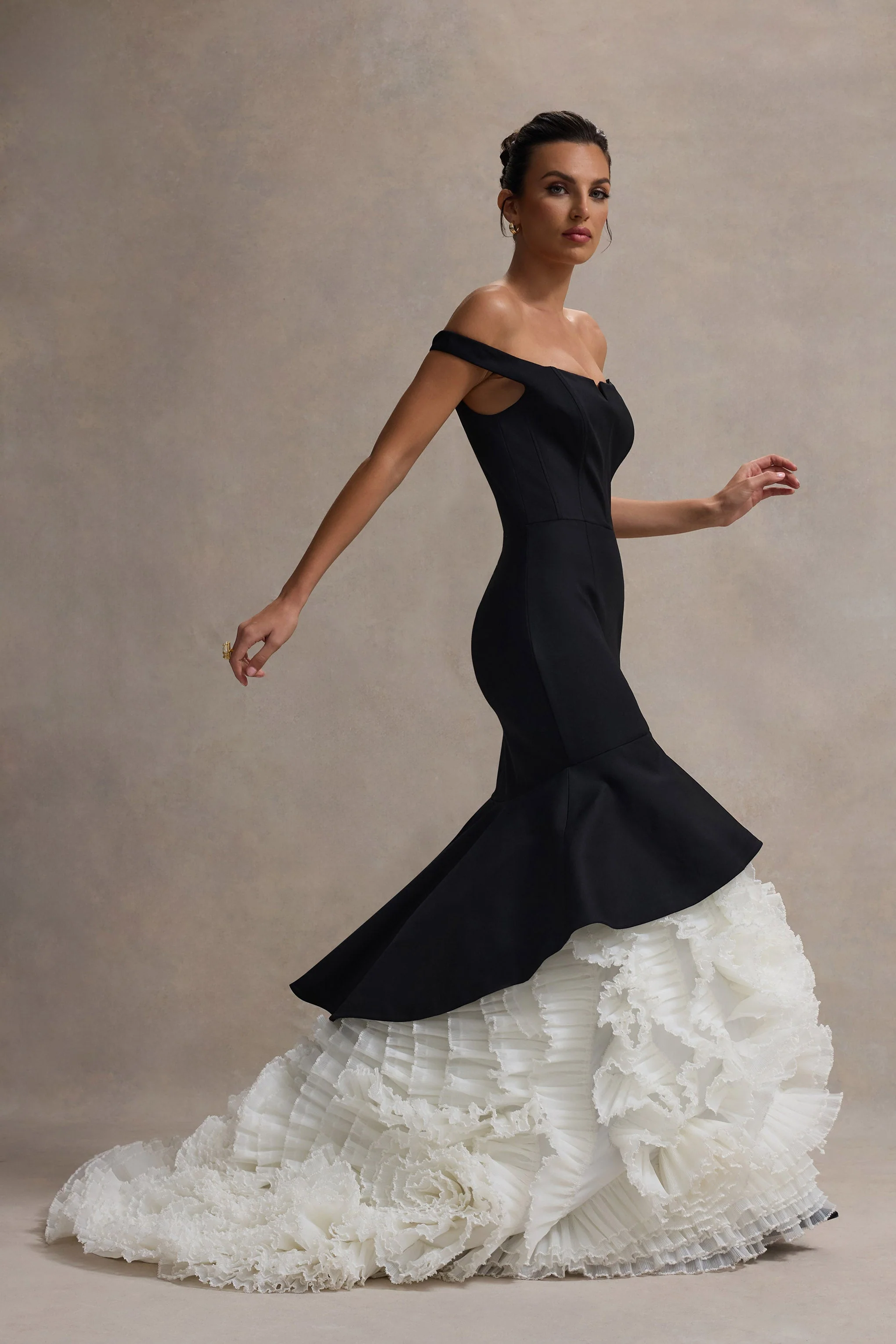 Black & Cream Bardot Maxi Dress With Tulle Skirt