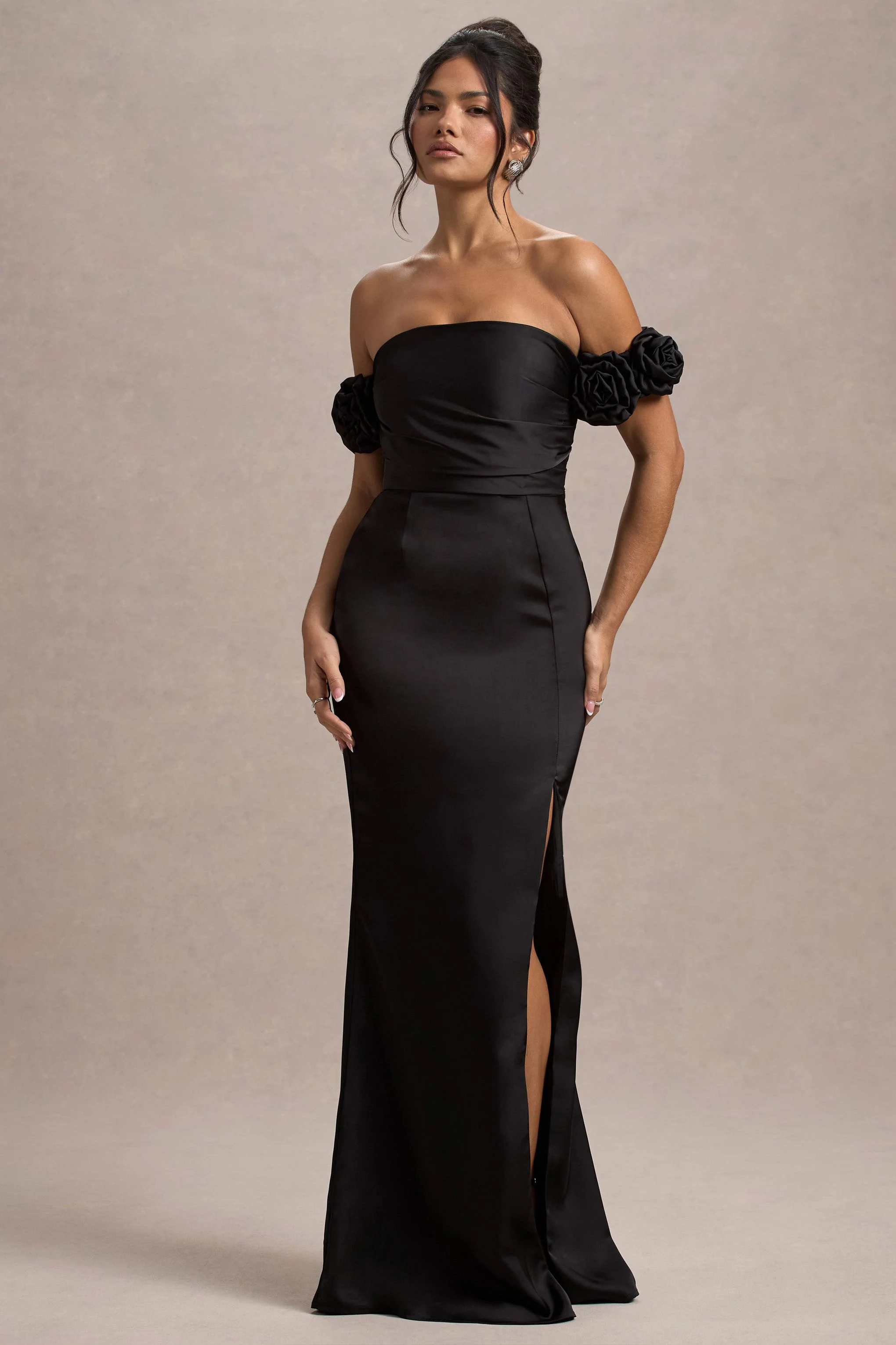 Black Satin Floral Bardot Maxi Dress