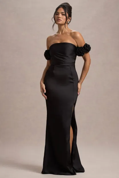 Black Satin Floral Bardot Maxi Dress