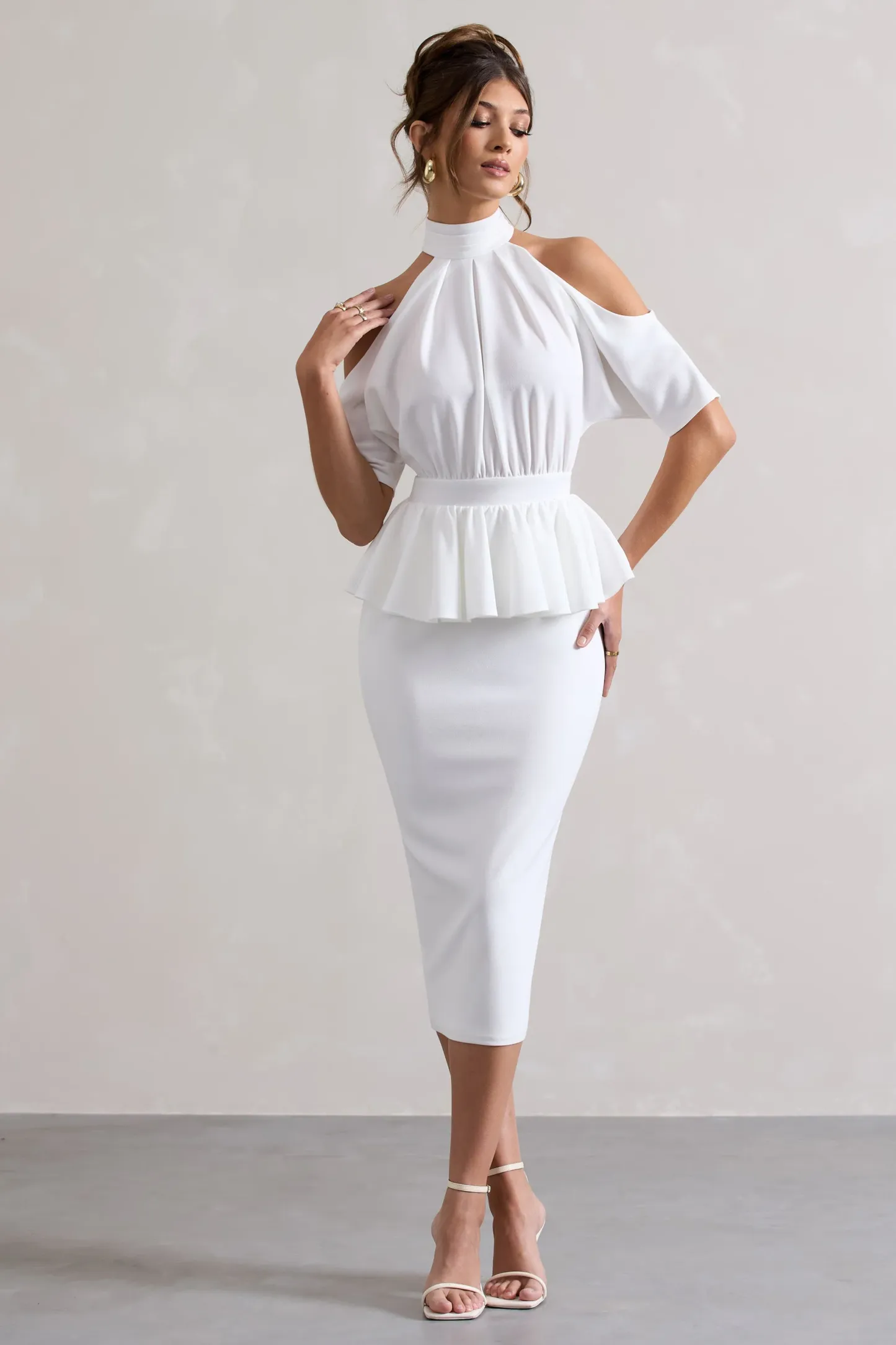 White High-Neck Cut-Out Midi Dress With Peplum Waist