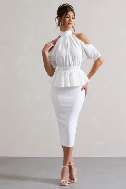 White High-Neck Cut-Out Midi Dress With Peplum Waist