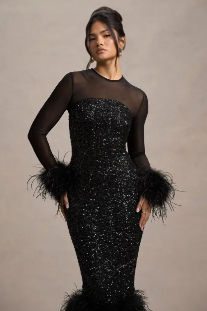 Black Sequin Long-Sleeve Midi Dress With Feather Trims