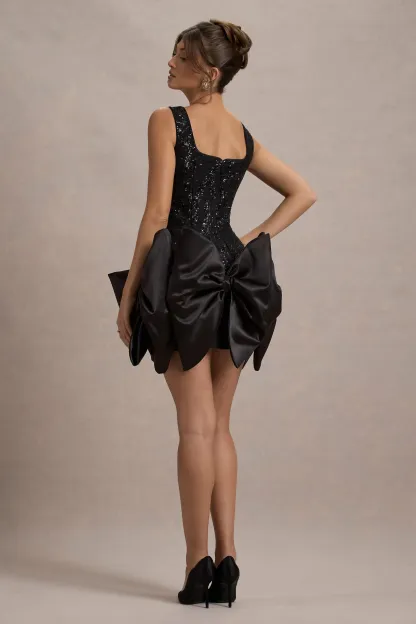 Black Lace Square-Neck Mini Dress With Bows