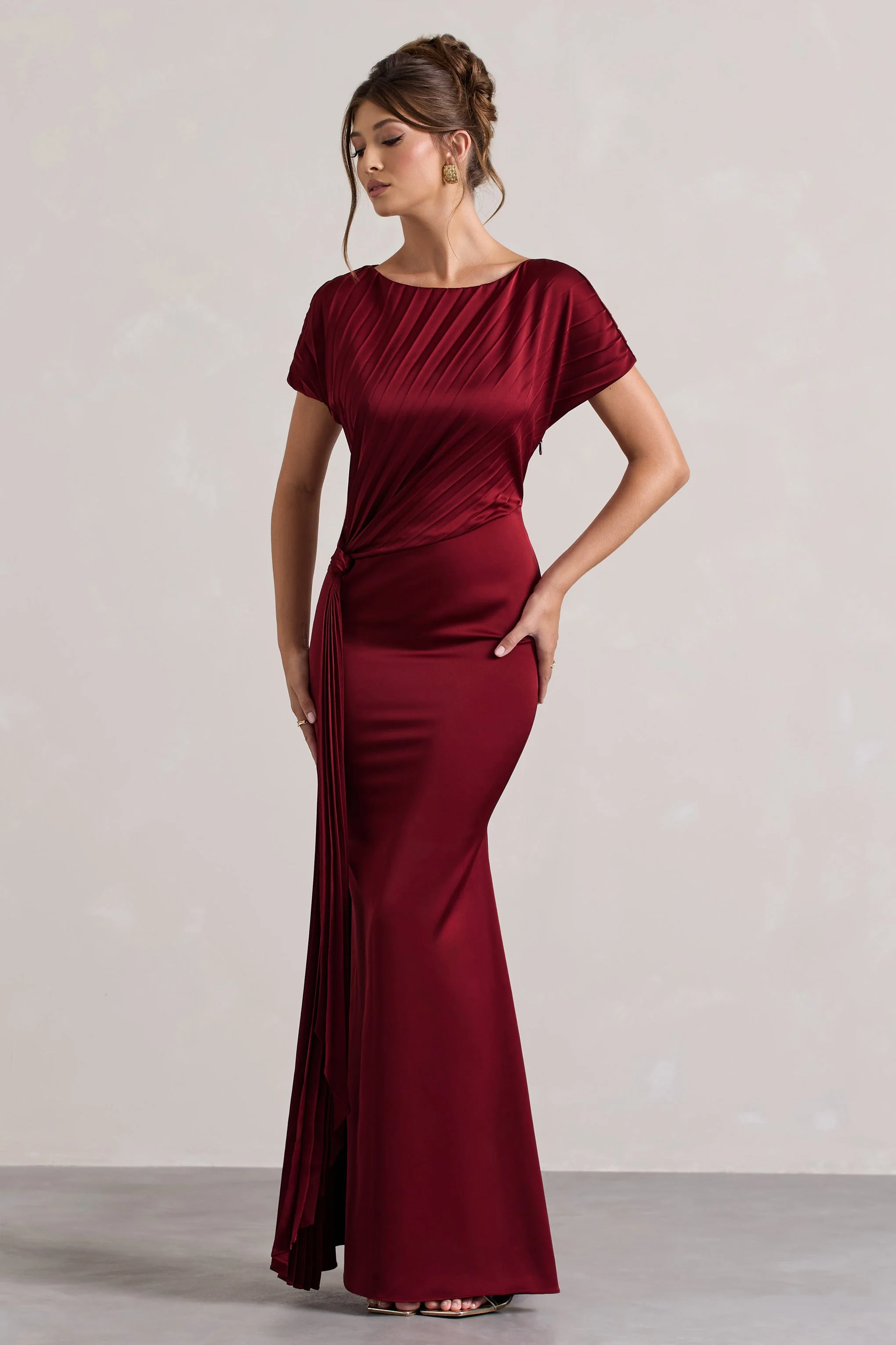 Berry Satin Pleated Maxi Dress With Drape