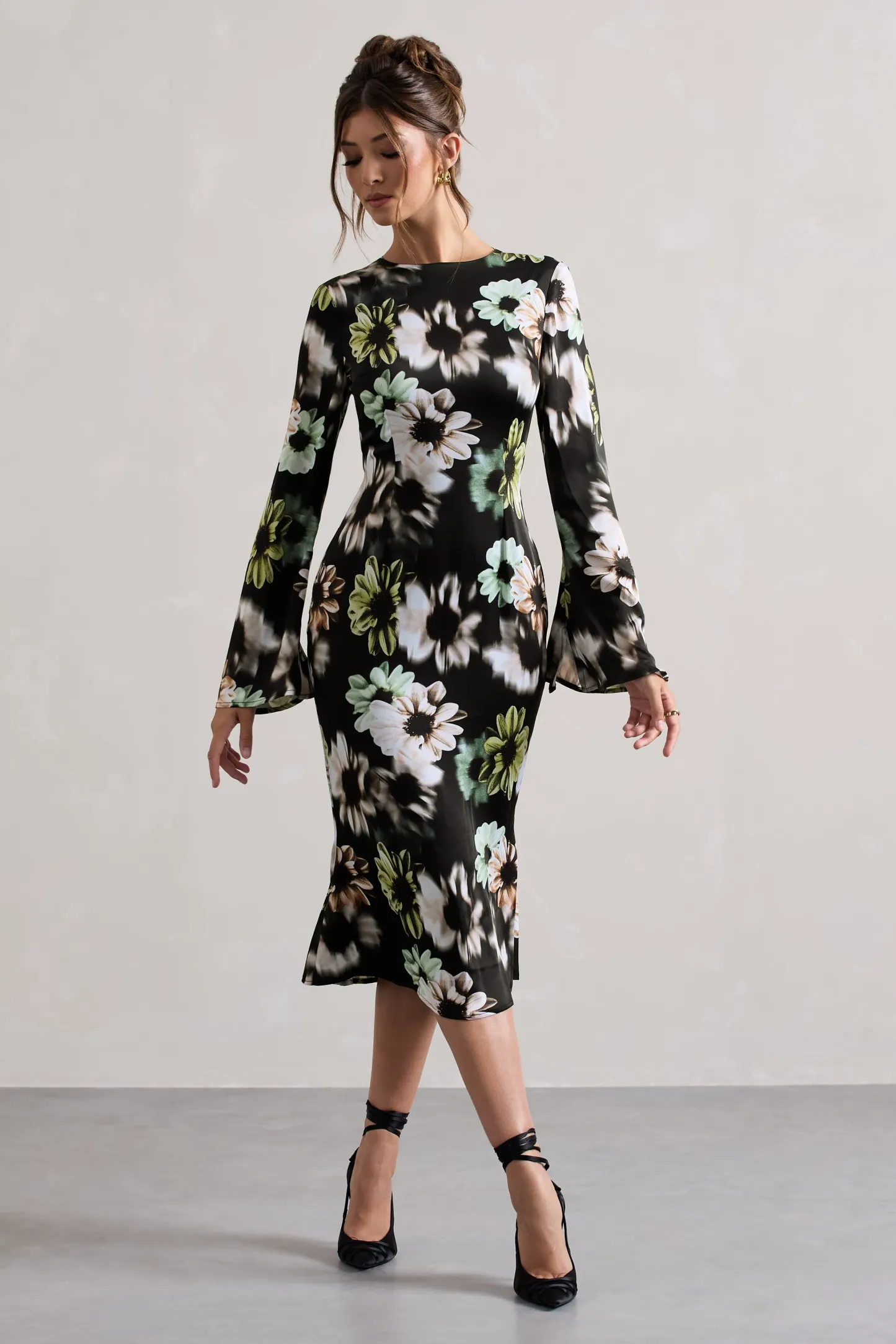 Black Floral Print Satin Long-Sleeve Midi Dress