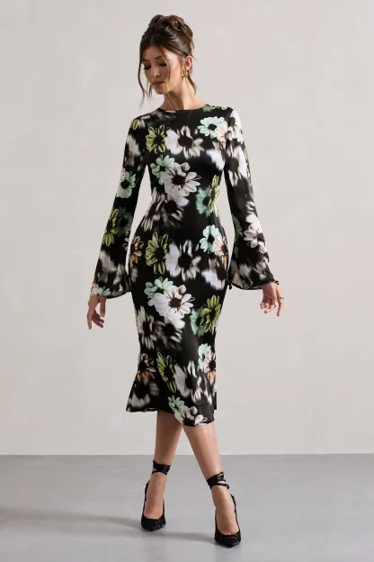 Black Floral Print Satin Long-Sleeve Midi Dress