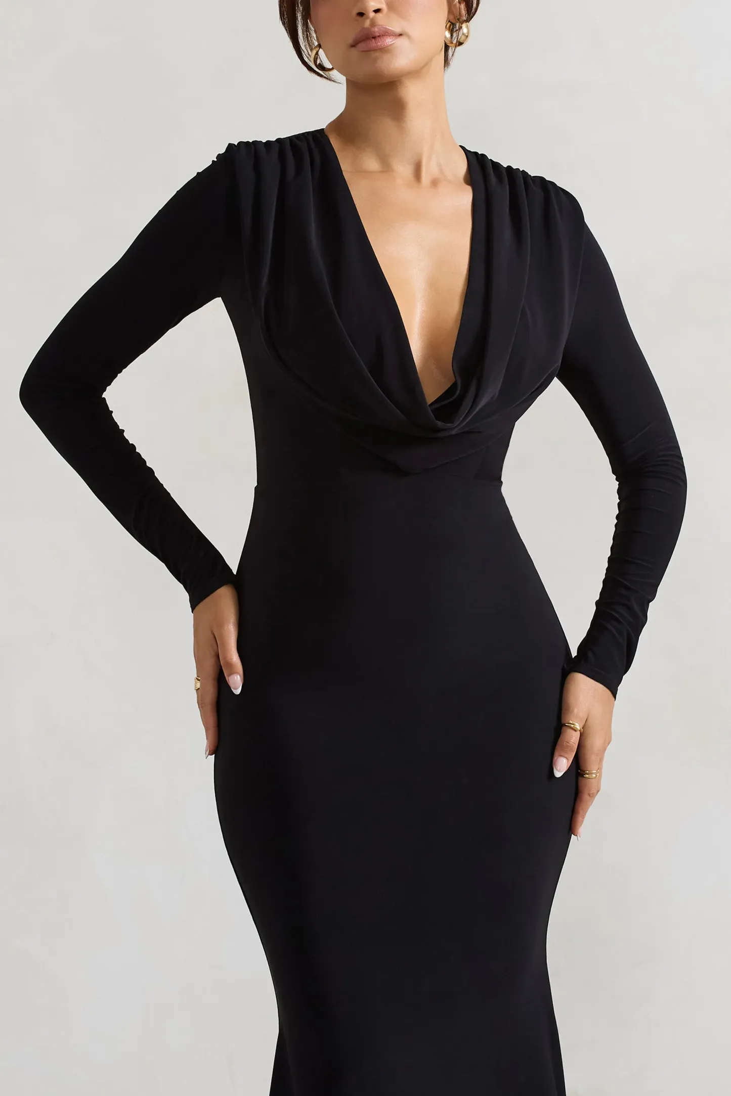 Black Cowl-Neck Long-Sleeve Maxi Dress