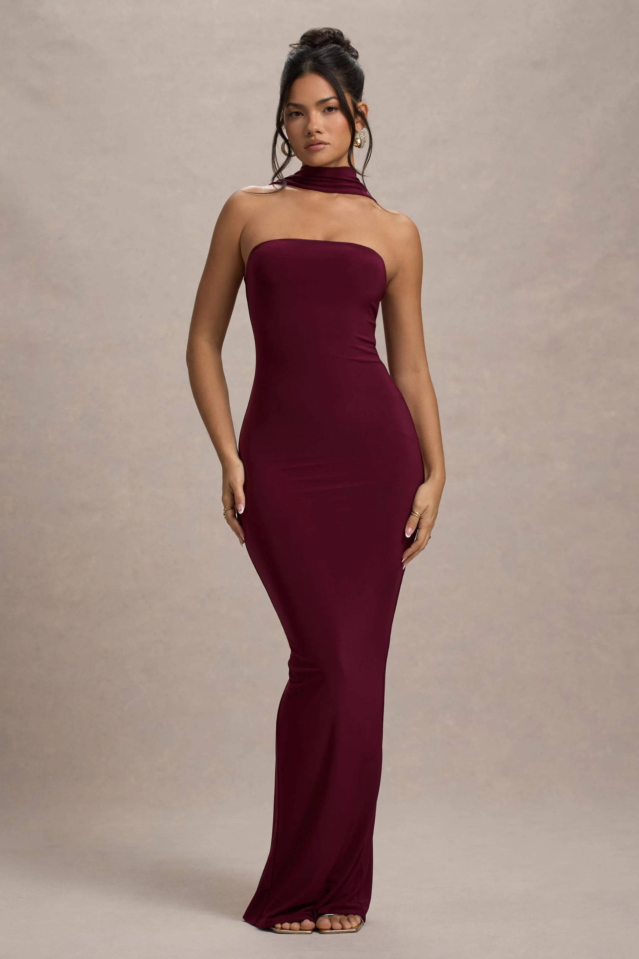 Burgundy Bandeau Maxi Dress With Halter-Collar